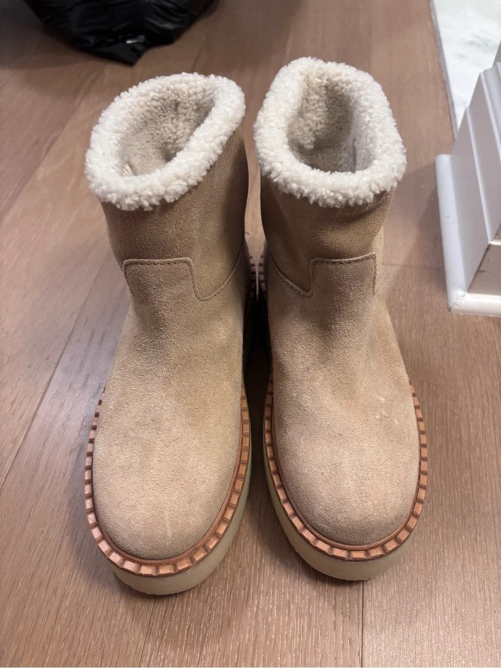 Prada Tan Suede Shearling-Trim Winter Boots